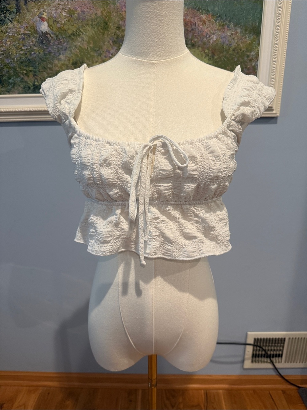 emory park White Smocked Ruffle Tie-Front Crop Top